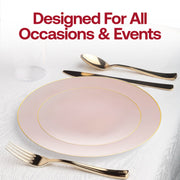 Bring a warm, graceful elegance to your special day with the Pink with Gold Organic Round Disposable Plastic Wedding Value Set, a stunning addition to any memorable celebration