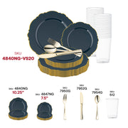 Bring an air of luxury to your event with the Navy with Gold Rim Round Blossom Disposable Plastic Wedding Value Set, ideal for classy, high-end occasions