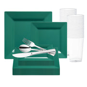Bring bold elegance to your event with the Hunter Green Square Plastic Plates Wedding Value Set, perfect for modern tablescapes