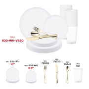 Bring elegance and style to any formal gathering with the White Flat Round Disposable Plastic Wedding Value Set, offering a sophisticated presentation for every meal.