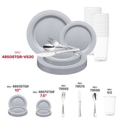 Bring refined elegance to your occasion with the Matte Steel Gray Round Disposable Plastic Wedding Value Set, designed to add a sleek and polished touch to any celebration.