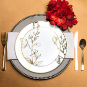 Bring vintage charm to your special occasion with the White with Gold Antique Floral Round Disposable Plastic Wedding Value Set, ideal for creating a chic, elegant atmosphere