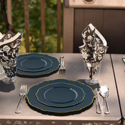 Brings contemporary flair to tablescapes and buffet spreads, Navy with Gold Rim Round Blossom Disposable Plastic Dinner Plates (10.25") is a reliable choice