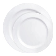 Budget-friendly white plastic dinnerware set featuring round plates in two sizes, perfect for parties, catering, and casual dining