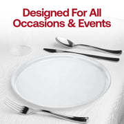 Buffet layout featuring multiple 14" clear plastic trays, ready for guests—disposable and elegant.