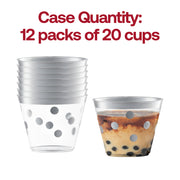 Bulk 240-pack of round clear plastic cups with a stylish silver dot design, 9 oz capacity, ideal for celebrations