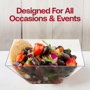 Bulk case includes 8 packs of 3 clear square plastic serving bowls, totaling 24 bowls for large gatherings and catering