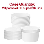 Bulk case of 1000 white paper soup cups with lids, 20 packs of 50 units each, perfect for professional restaurant takeout and delivery.