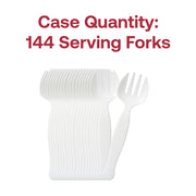 Bulk case of 144 white disposable plastic serving forks, individually packed, perfect for banquet halls, caterers, and high-volume food service.

