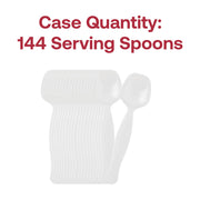 Bulk case of 144 white disposable plastic serving spoons, individually packed, perfect for banquet halls, caterers, and high-volume food service.
