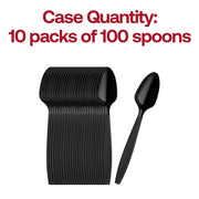 Bulk case of 1,000 black plastic spoons, sturdy and disposable, ideal for restaurants, parties, and food service.