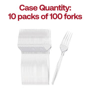 Bulk case of 1,000 clear medium heavy weight plastic forks, 10 packs of 100 each, perfect for concession stands, cafeterias, and catering.
