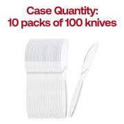 Bulk case of 1,000 clear medium heavy weight plastic knives, 10 packs of 100 each, perfect for concession stands, cafeterias, and catering.
