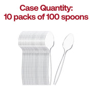 Bulk case of 1,000 clear medium heavy weight plastic teaspoons, 10 packs of 100 each, perfect for concession stands, cafeterias, and catering.
