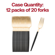 Bulk case of 240 gold plastic forks with black handles, ideal for weddings and special occasions