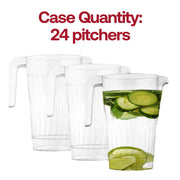 Bulk case of 24 clear round 52 oz plastic disposable pitchers, perfect for beverage stations, caterers, and large-scale event hosting.
