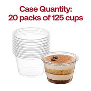 Bulk case of 2,500 clear plastic portion cups, 20 packs of 125 cups each, perfect for restaurants, delis, and high-volume catering.
