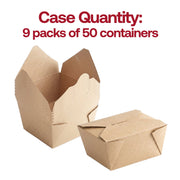 Bulk case of 450 kraft folded paper #1 containers, 9 packs of 50 containers, perfect for restaurant takeout, delivery, and high-volume catering.
