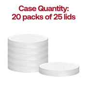 Bulk case of 500 white paper lids for food containers, 20 packs of 25 lids each, ideal for professional catering and takeout supplies.