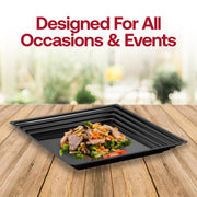 Bulk case of 8 packs with 3 black square groove-rim trays each, ideal for catering and large events