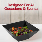 Bulk case of 8 packs with 3 black square plastic serving bowls each, ideal for catering and large events
