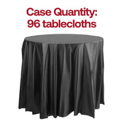 Bulk case of 96 black round disposable plastic tablecloths, 84-inch size, ideal for large parties and event planning.