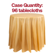 Bulk case of 96 gold round disposable plastic tablecloths, 84-inch diameter, ideal for catering and large event needs.