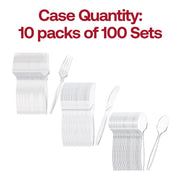 Bulk case of clear medium heavy weight plastic cutlery, 1,000 spoons, 1,000 forks, and 1,000 knives serving 1,000 guests for large-scale catering.
