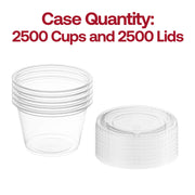 Bulk combo pack of 1.5 oz clear portion cups with lids, 125 cups and 125 lids per pack and 2,500 sets per case, ideal for restaurants and catering.
