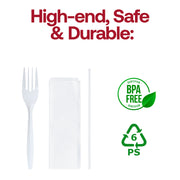 Bulk cutlery kit for 1,000 guests simplifies planning for cafeterias and buffets by standardizing fork, milk straw, and napkin per person