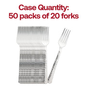Bulk pack of 1000 silver hammered plastic forks, 7 inches – High-quality disposable forks with a sophisticated hammered grip and sleek silver finish.