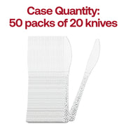 Bulk pack of 1000 silver hammered plastic knives, 7.75 inches – High-quality disposable knives with a sophisticated hammered grip and sleek silver finish.