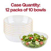 Bulk pack of 120 clear disposable plastic bowls with gold rim (12 packs of 10), perfect for high-volume catering and large wedding receptions.