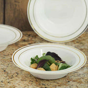 Bulk pack of 120 white plastic soup bowls with a luxurious gold rim, 12 oz. size, perfect for catering or special events