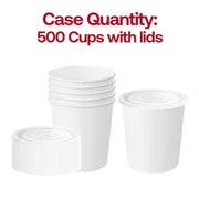 Bulk pack of 16 oz squat paper soup cups and lids designed for fast, mess-free service in cafeterias, food trucks, and buffets