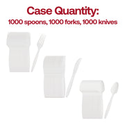 Bulk pack of 1,000 white disposable plastic utensils, featuring 7'' forks, 7.5'' knives, and 6'' spoons, perfect for large gatherings