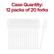 Bulk pack of 240 shiny white Moderno 7" plastic dessert forks, ideal for catering, weddings, and large events