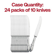 Bulk pack of 240 silver Baroque plastic dinner knives, 9", featuring ornate designs, great for formal events and special occasions
