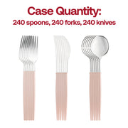 Bulk pack of 240 silver with pink handle plastic cutlery sets, 8" long, ideal for weddings, celebrations, and catering services