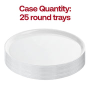 Bulk pack of 25 white round disposable plastic serving trays, high-quality platter set ideal for professional caterers and bakeries.