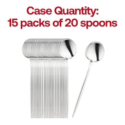 Bulk pack of 300 shiny silver Moderno 8.1" plastic dinner spoons, ideal for catering, weddings, and large gatherings