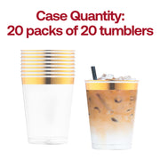 Bulk pack of 400 clear disposable plastic tumblers with gold rims, 20 packs of 20 cups each for high-volume event catering.