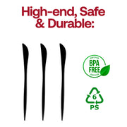 Bulk pack of 480 black Moderno disposable dinner knives, 8.8-inch durable plastic, ideal for events and large gatherings