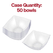 Bulk pack of 50 64 oz clear wave square plastic bowls, 50 packs of 1 bowl each, perfect for professional catering and large-scale event hosting.