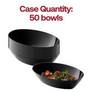 Bulk pack of 50 black oval disposable plastic bowls, high-quality servingware set for professional caterers and event planners.