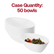 Bulk pack of 50 white oval disposable plastic bowls, professional-grade servingware set for caterers and event planners.