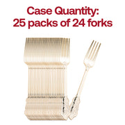 Bulk pack of 600 gold baroque plastic forks, 7.4 inches – High-quality disposable cutlery with a classic baroque-inspired handle design.