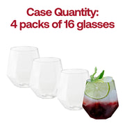 Bulk pack of 64 clear plastic wine goblets with a unique hexagonal shape, stemless design, and 12 oz capacity