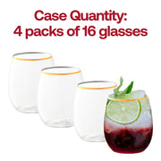 Bulk pack of 64 elegant clear plastic wine glasses with a gold accent, stemless shape