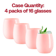 Bulk pack of 64 elegant solid pink plastic wine glasses, stemless and 12 oz in capacity, ideal for celebrations